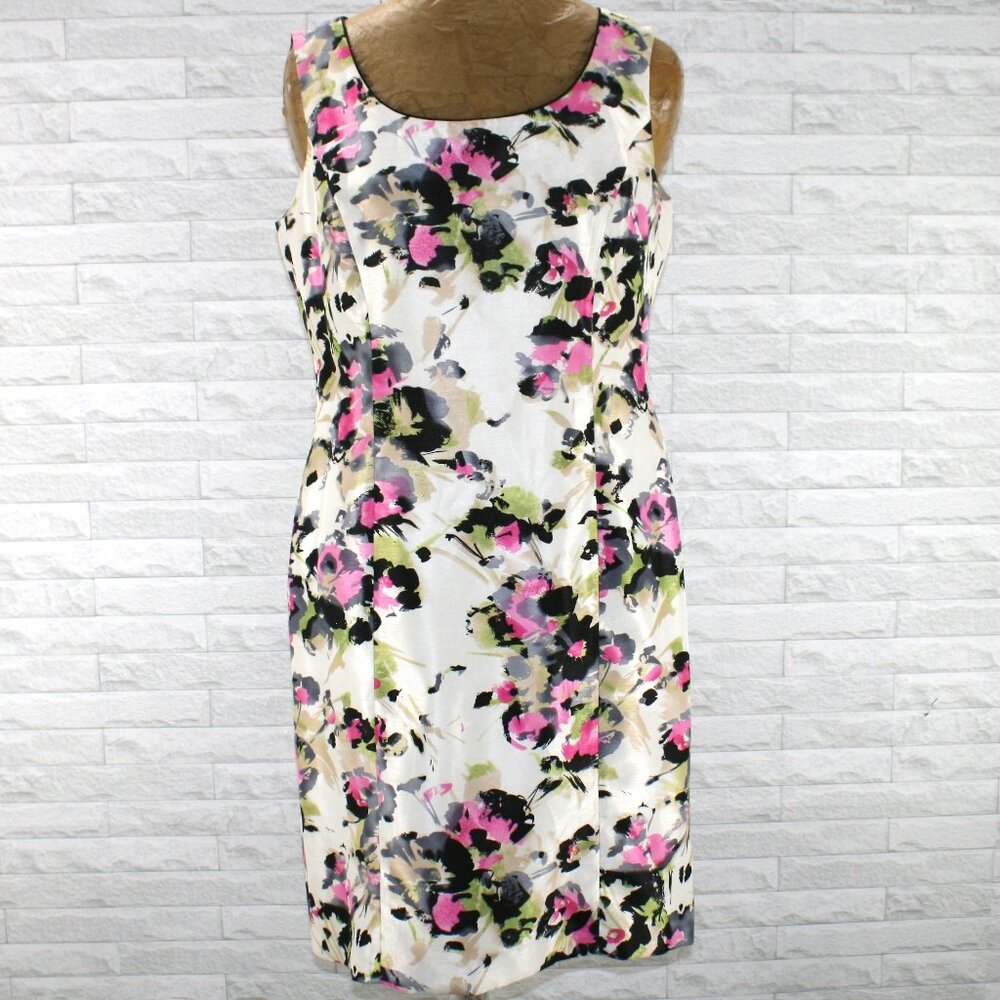 ALEX MARIE Dress Sleeveless Floral Midi White Black Pink Abstract 10 Petite